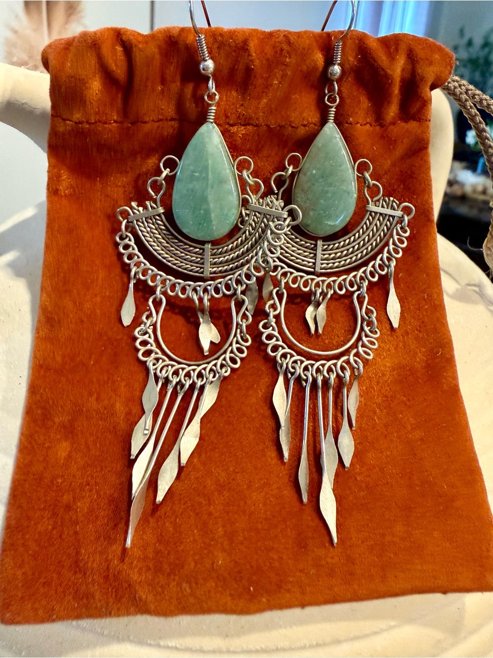 Vintage Boho Silver Tone Dangle Earrings with Green Stone.